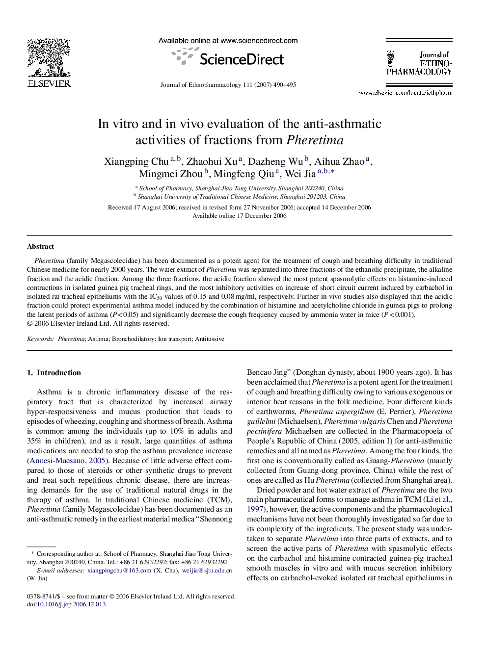 In vitro and in vivo evaluation of the anti-asthmatic activities of fractions from Pheretima