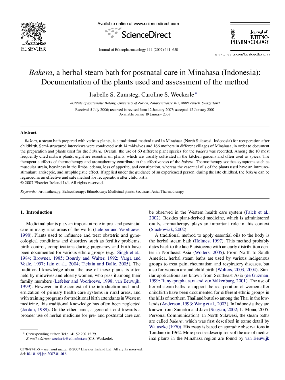 Bakera, a herbal steam bath for postnatal care in Minahasa (Indonesia): Documentation of the plants used and assessment of the method