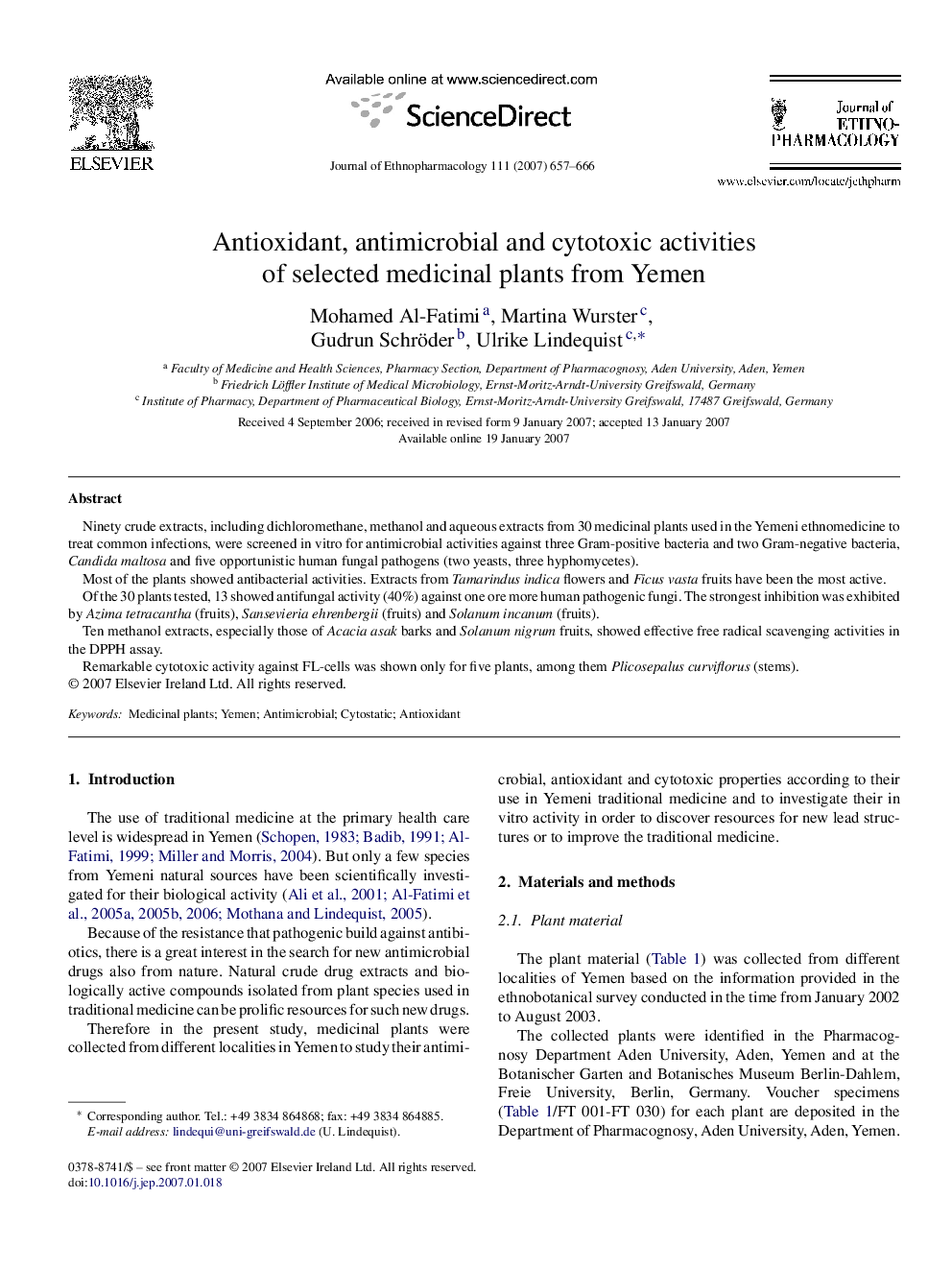 Antioxidant, antimicrobial and cytotoxic activities of selected medicinal plants from Yemen