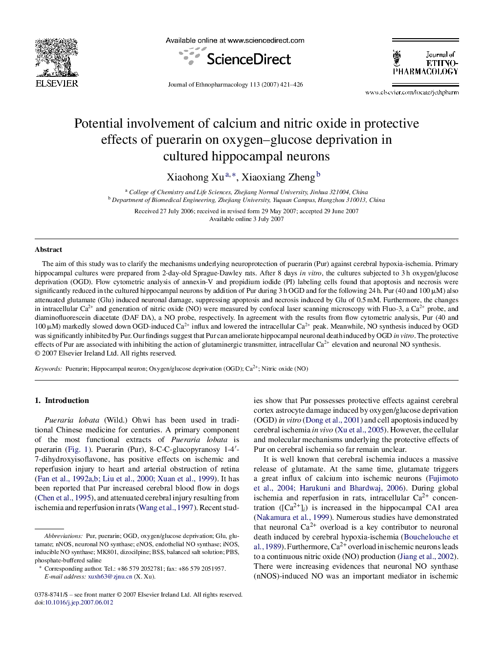 Potential involvement of calcium and nitric oxide in protective effects of puerarin on oxygen–glucose deprivation in cultured hippocampal neurons