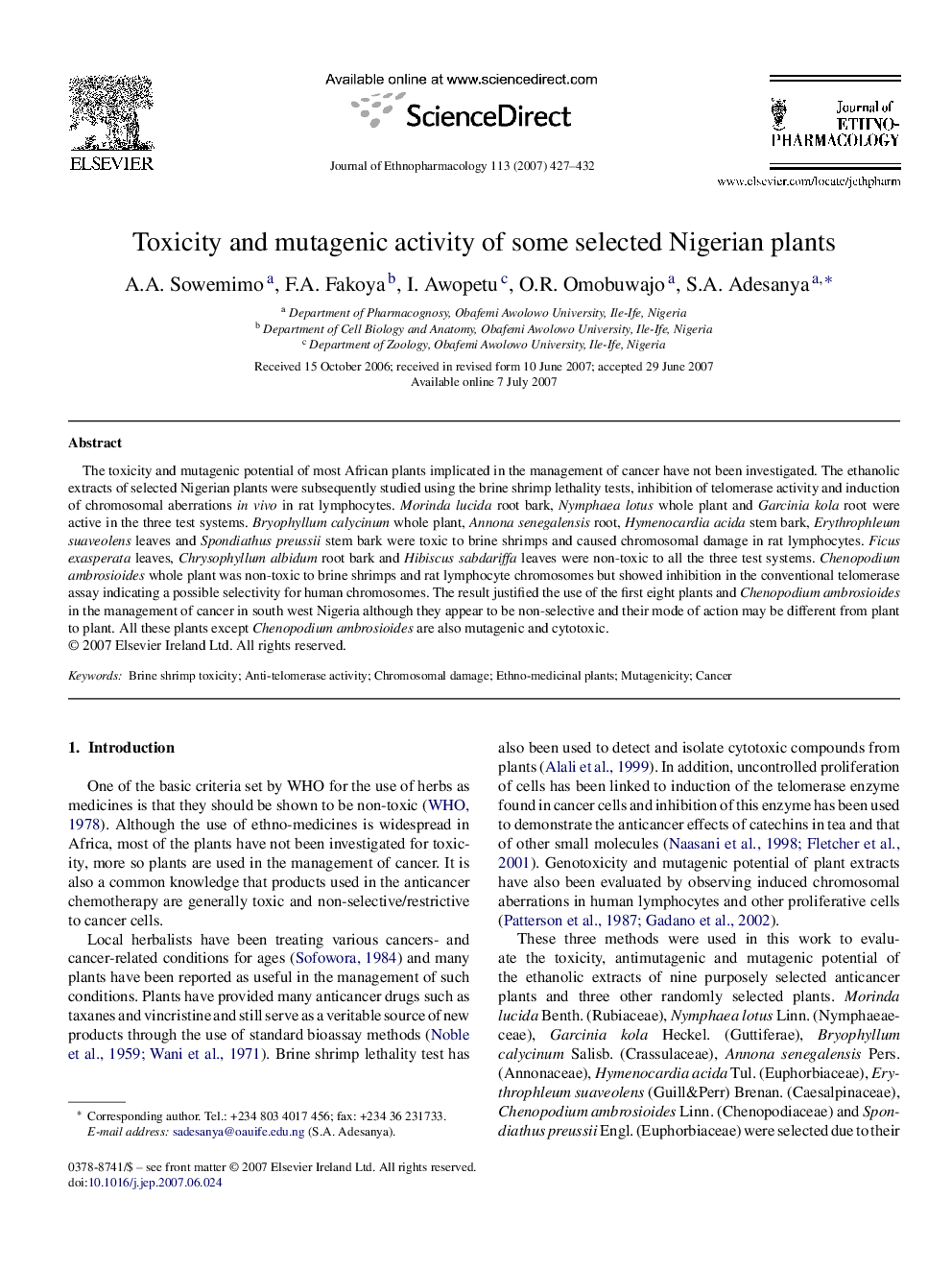 Toxicity and mutagenic activity of some selected Nigerian plants