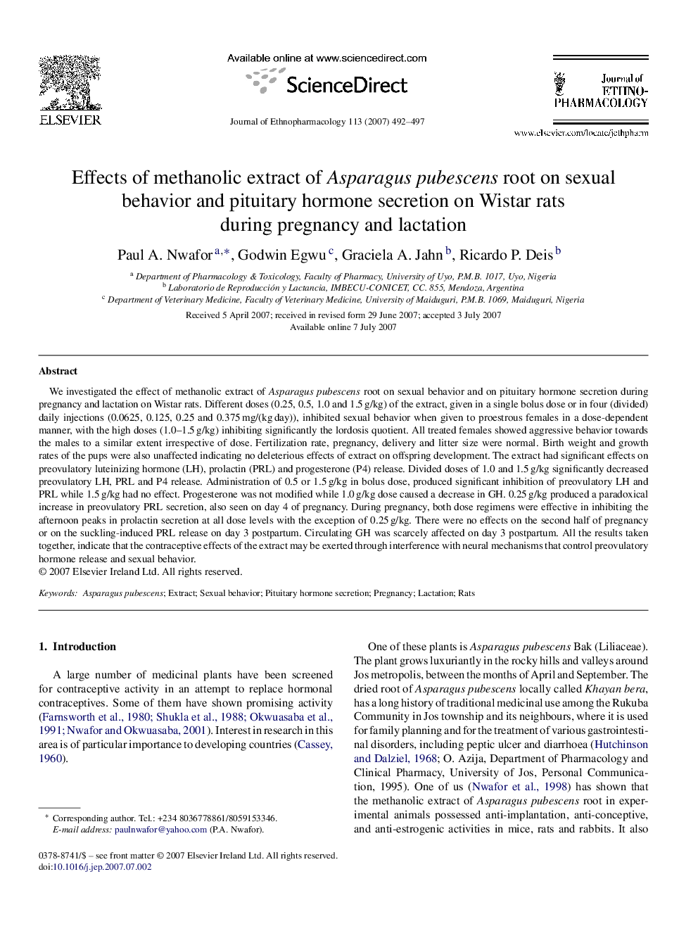 Effects of methanolic extract of Asparagus pubescens root on sexual behavior and pituitary hormone secretion on Wistar rats during pregnancy and lactation