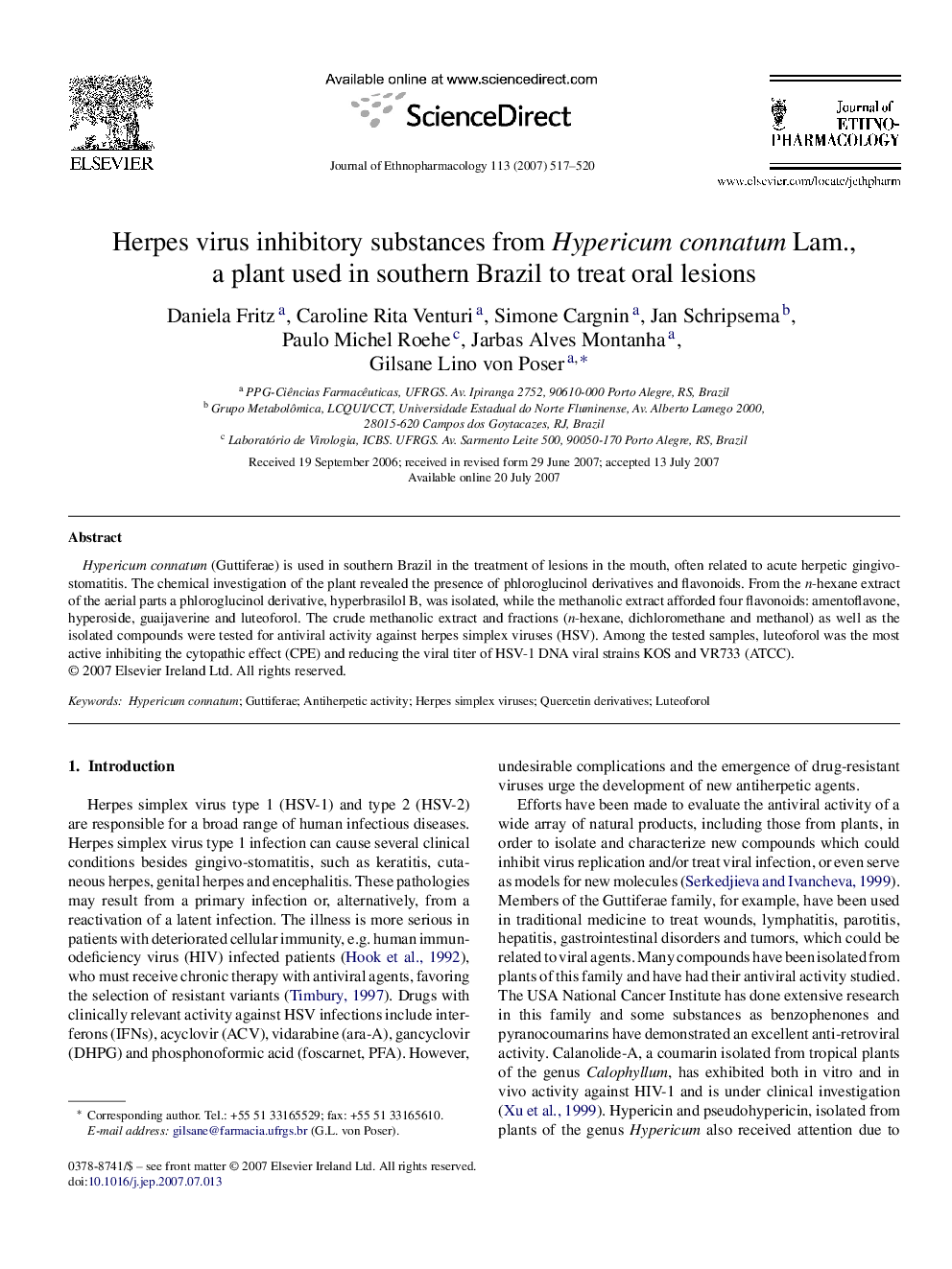 Herpes virus inhibitory substances from Hypericum connatum Lam., a plant used in southern Brazil to treat oral lesions