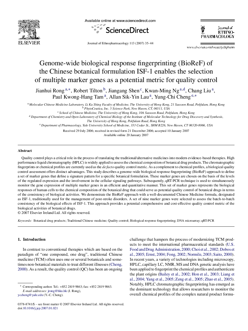 Genome-wide biological response fingerprinting (BioReF) of the Chinese botanical formulation ISF-1 enables the selection of multiple marker genes as a potential metric for quality control