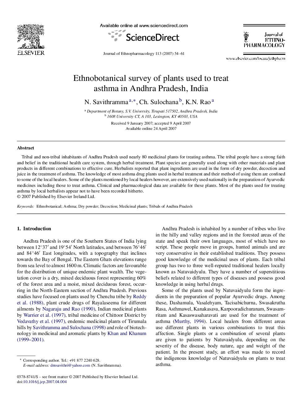 Ethnobotanical survey of plants used to treat asthma in Andhra Pradesh, India