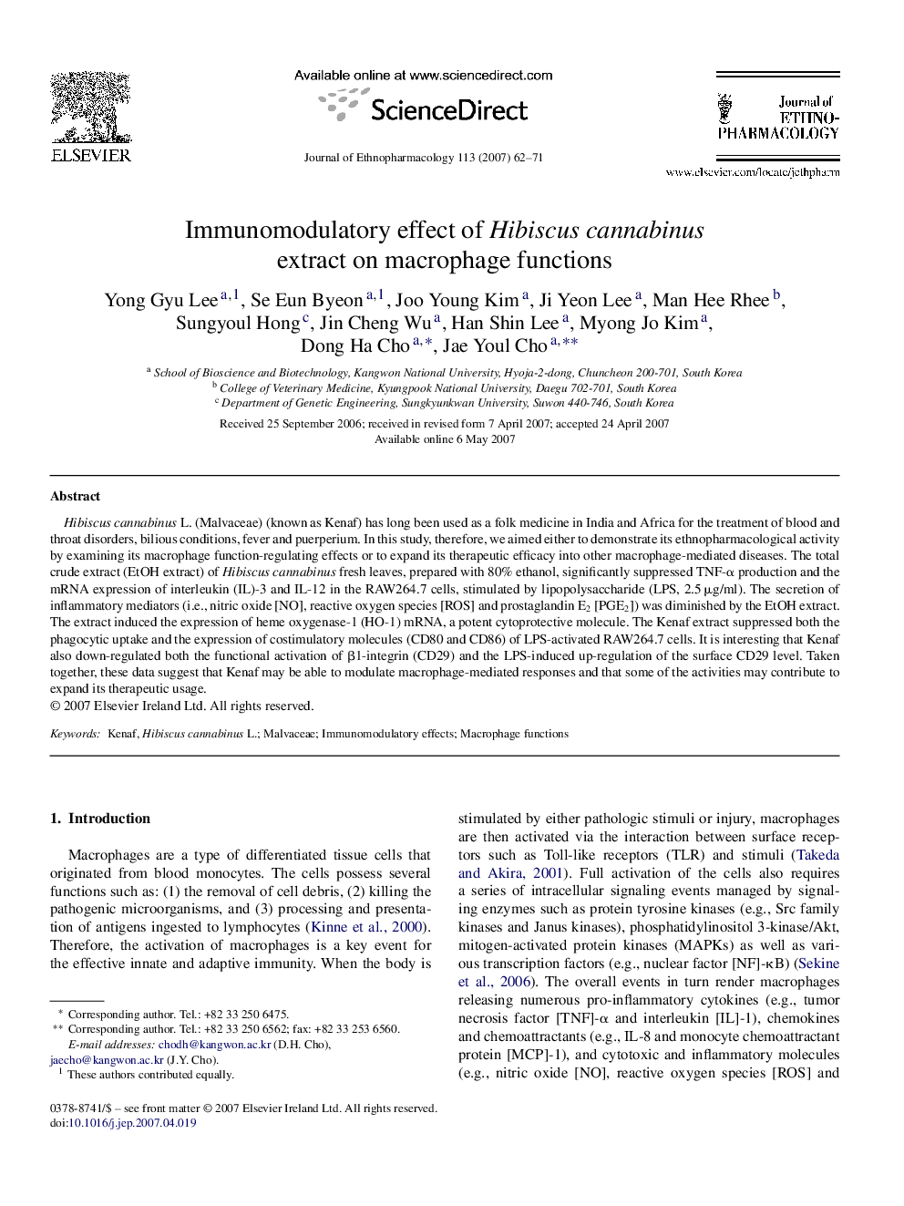 Immunomodulatory effect of Hibiscus cannabinus extract on macrophage functions