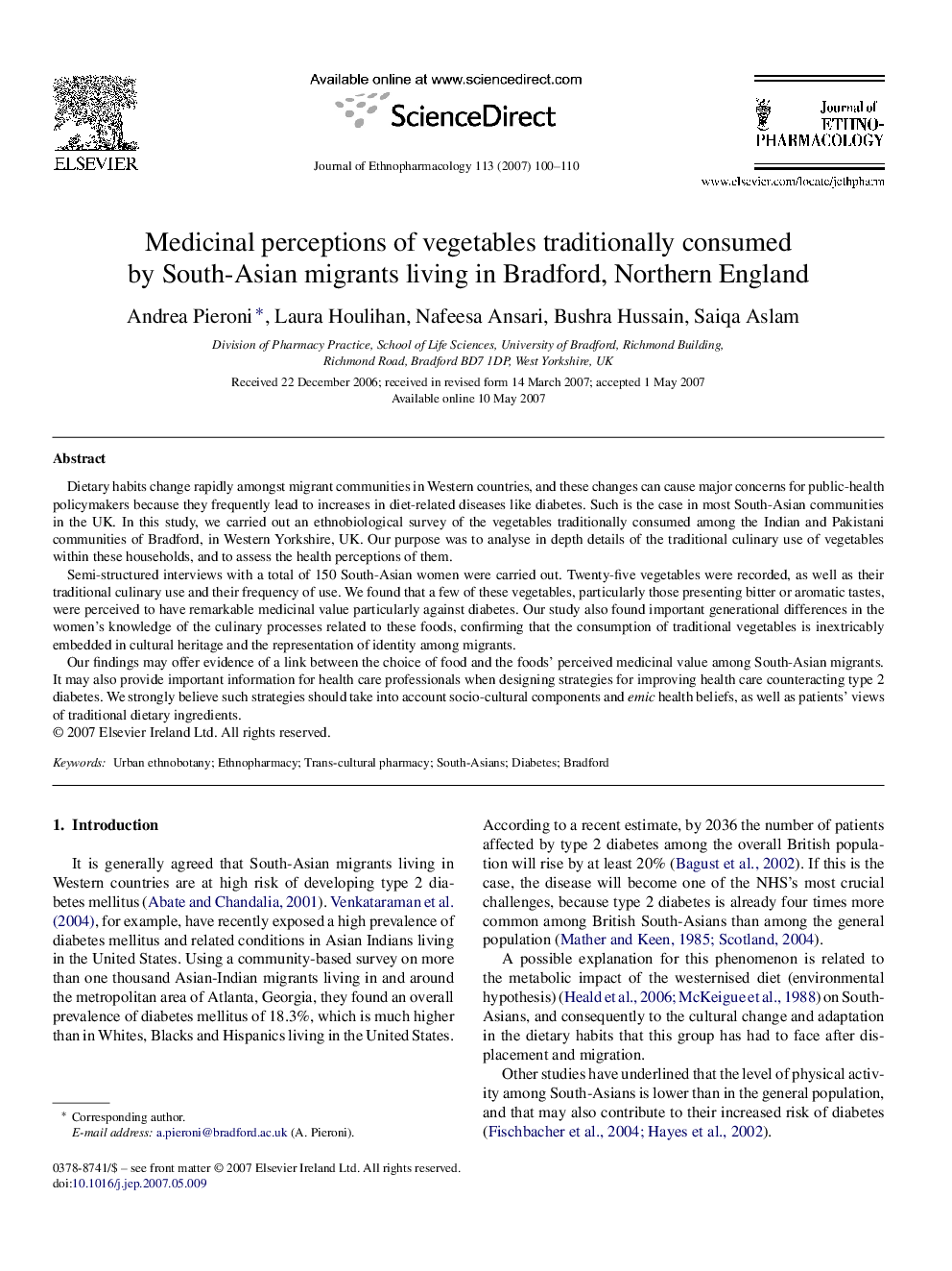 Medicinal perceptions of vegetables traditionally consumed by South-Asian migrants living in Bradford, Northern England