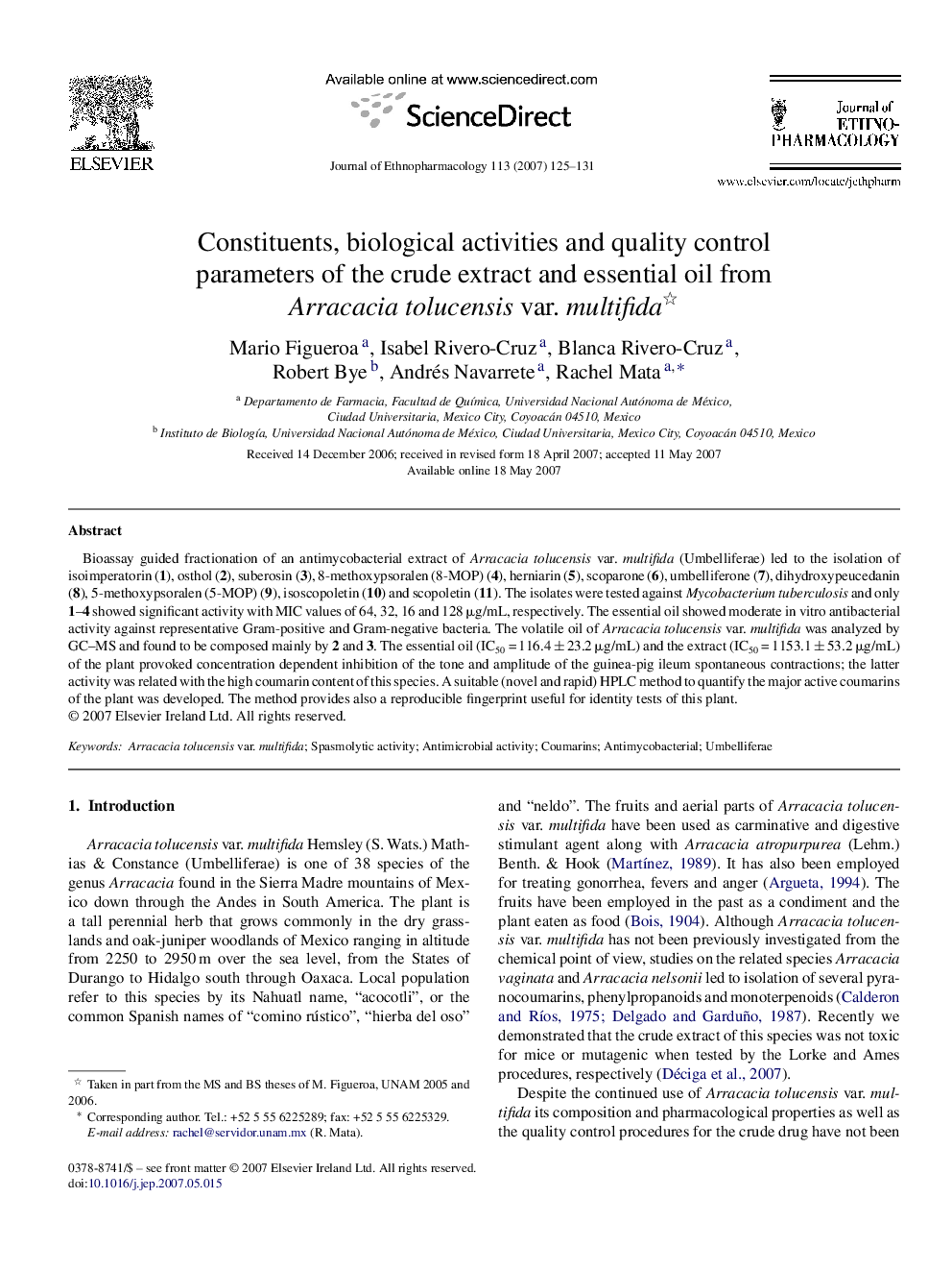 Constituents, biological activities and quality control parameters of the crude extract and essential oil from Arracacia tolucensis var. multifida 