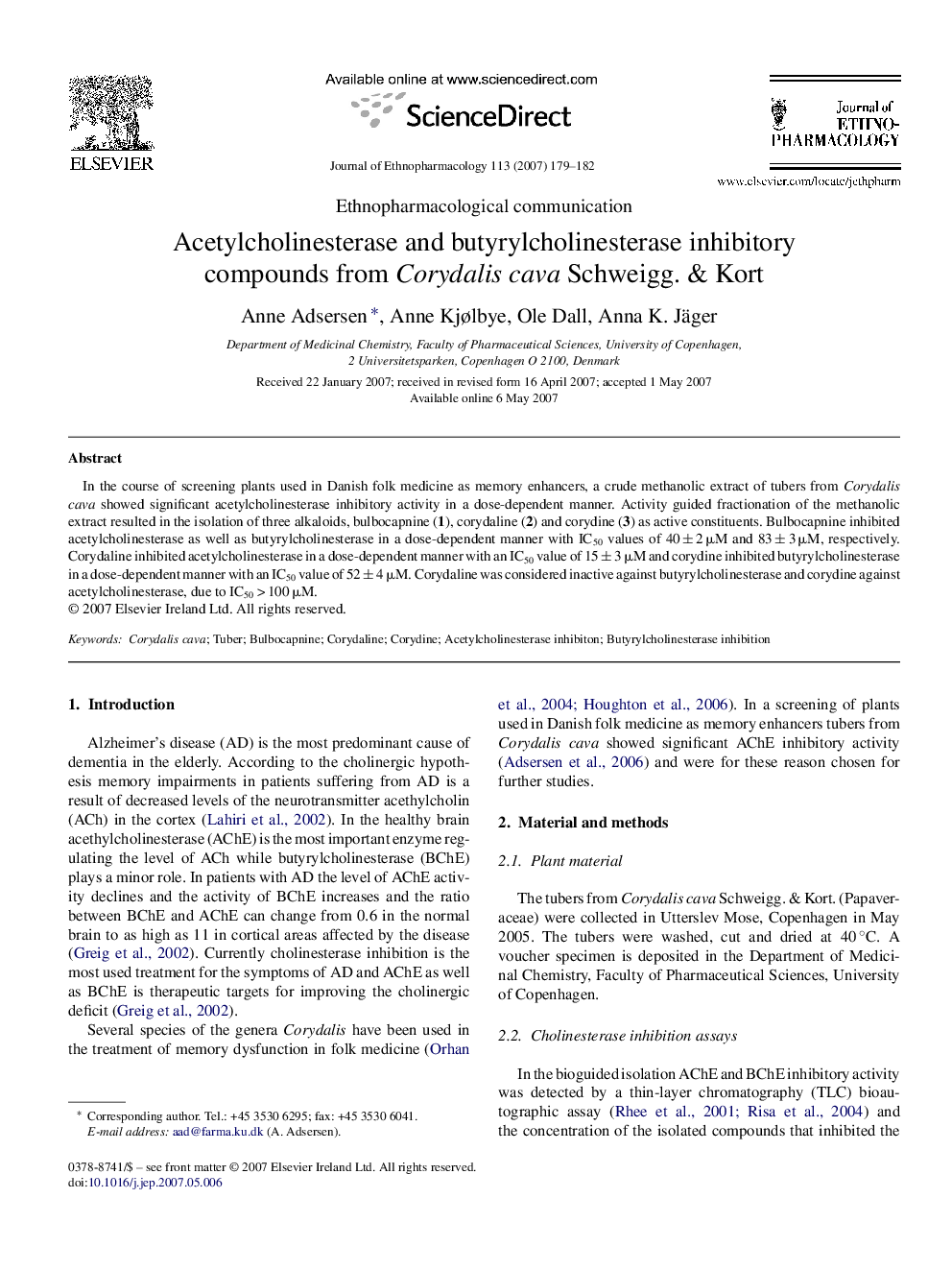 Acetylcholinesterase and butyrylcholinesterase inhibitory compounds from Corydalis cava Schweigg. & Kort