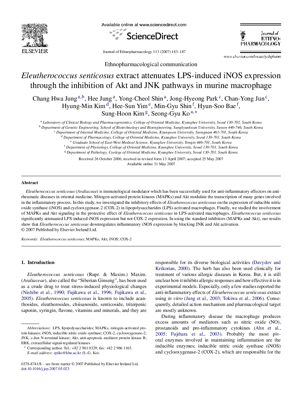 Eleutherococcus senticosus extract attenuates LPS-induced iNOS expression through the inhibition of Akt and JNK pathways in murine macrophage