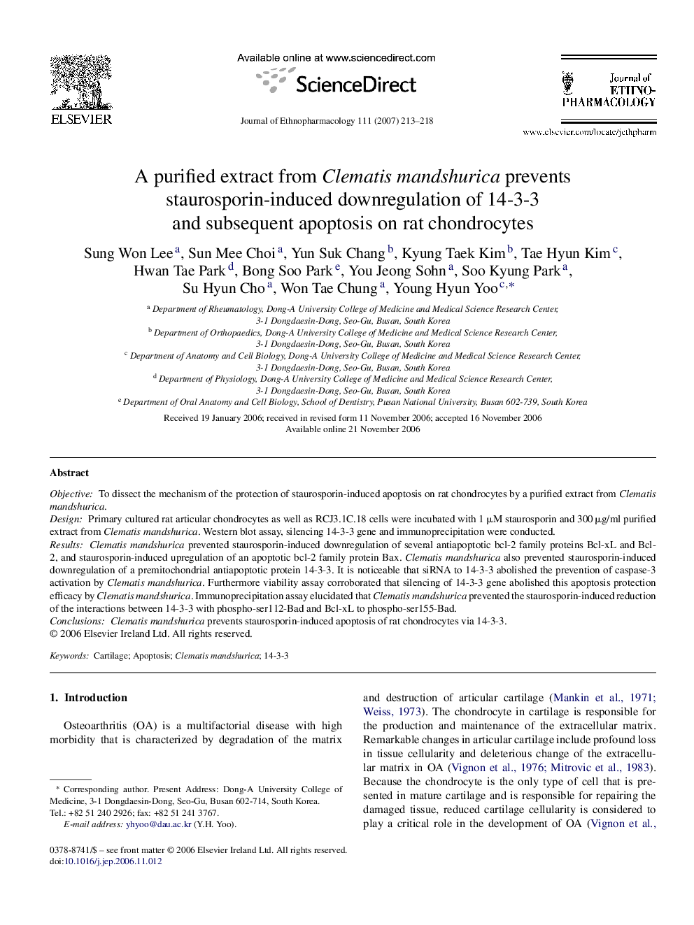 A purified extract from Clematis mandshurica prevents staurosporin-induced downregulation of 14-3-3 and subsequent apoptosis on rat chondrocytes