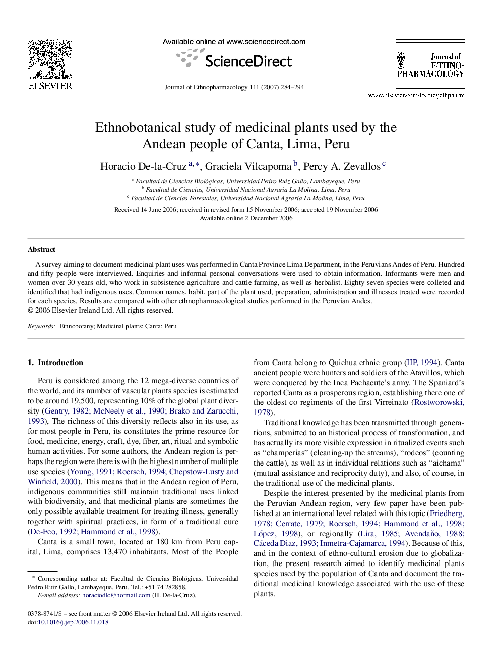 Ethnobotanical study of medicinal plants used by the Andean people of Canta, Lima, Peru