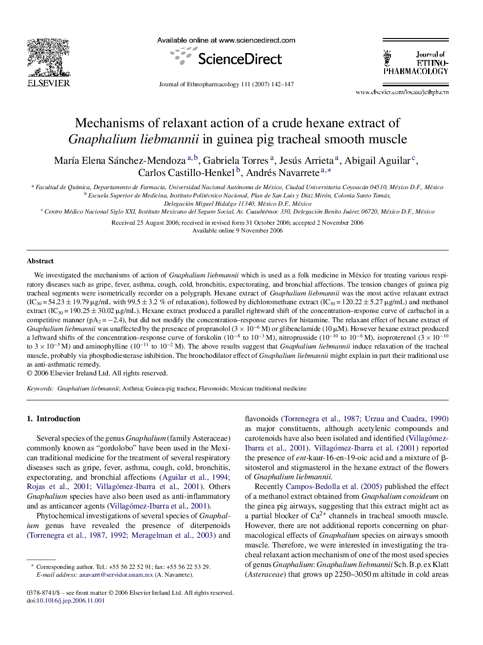 Mechanisms of relaxant action of a crude hexane extract of Gnaphalium liebmannii in guinea pig tracheal smooth muscle