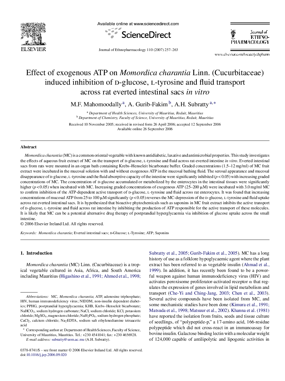 Effect of exogenous ATP on Momordica charantia Linn. (Cucurbitaceae) induced inhibition of d-glucose, l-tyrosine and fluid transport across rat everted intestinal sacs in vitro