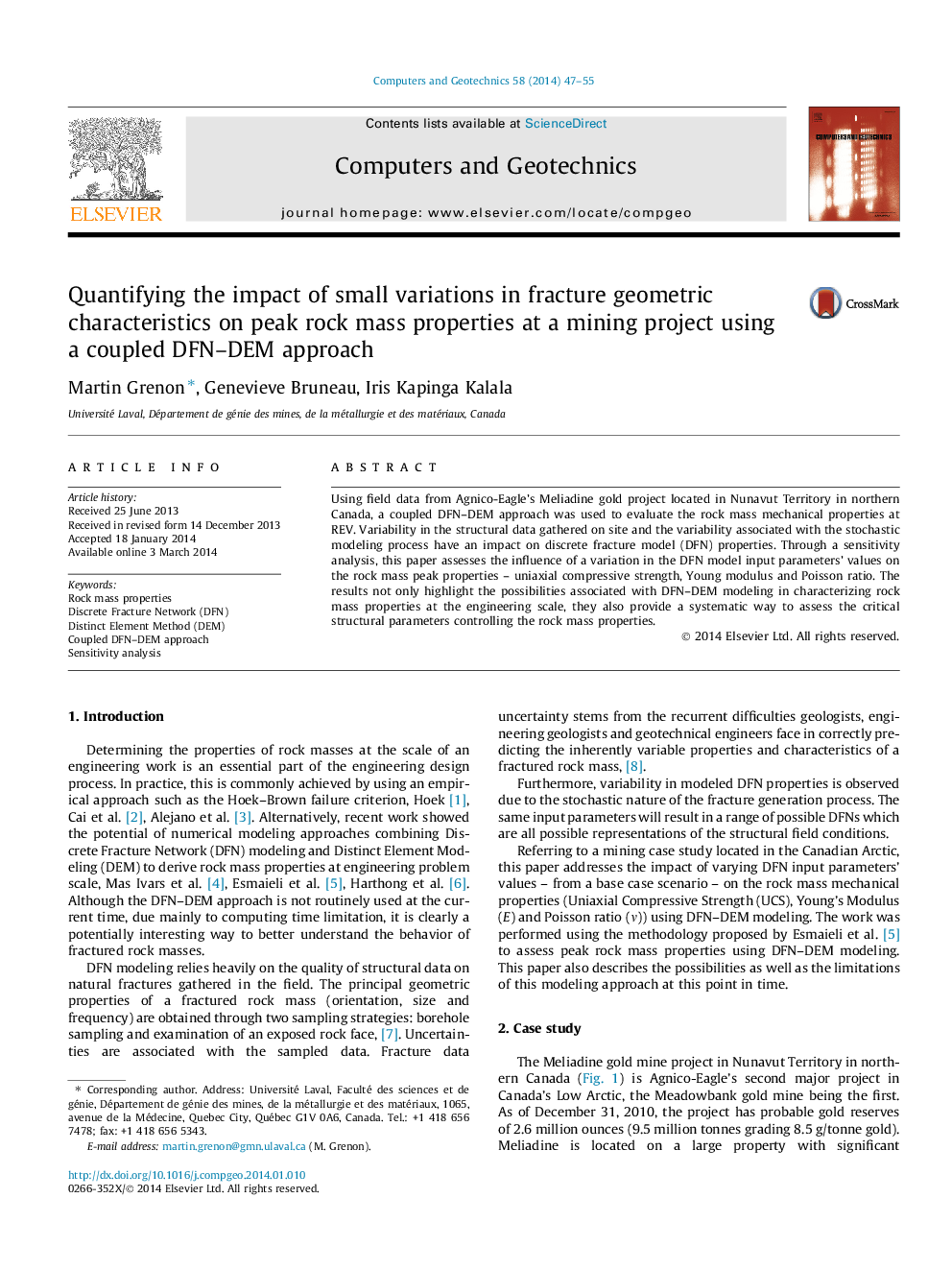 Quantifying the impact of small variations in fracture geometric characteristics on peak rock mass properties at a mining project using a coupled DFN–DEM approach