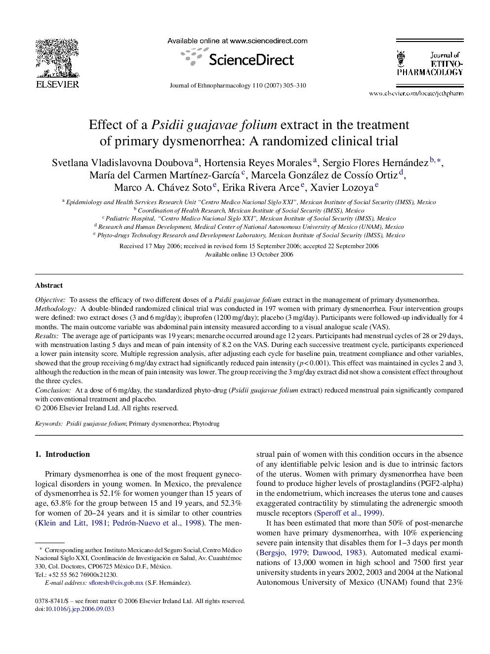 Effect of a Psidii guajavae folium extract in the treatment of primary dysmenorrhea: A randomized clinical trial