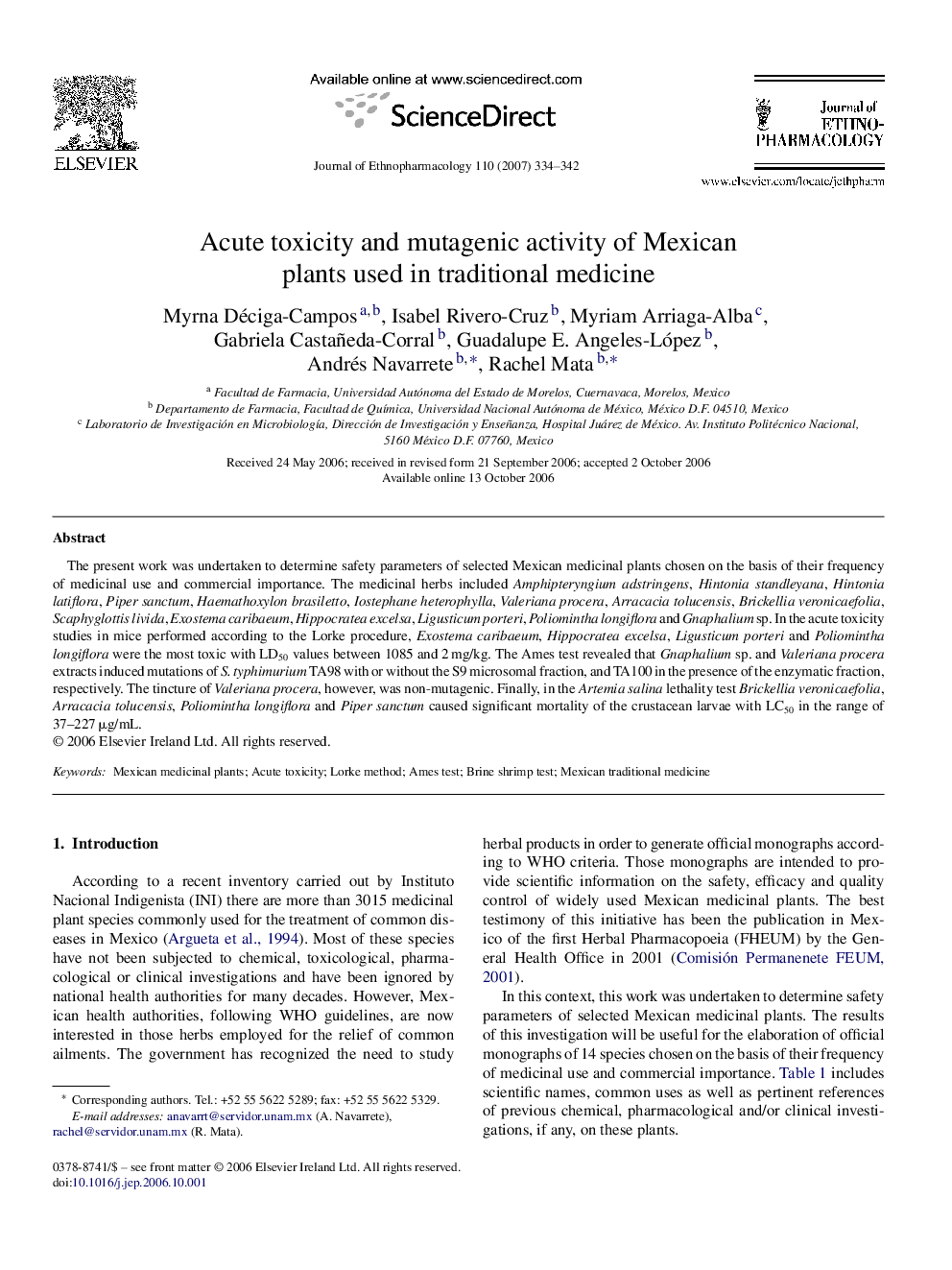 Acute toxicity and mutagenic activity of Mexican plants used in traditional medicine