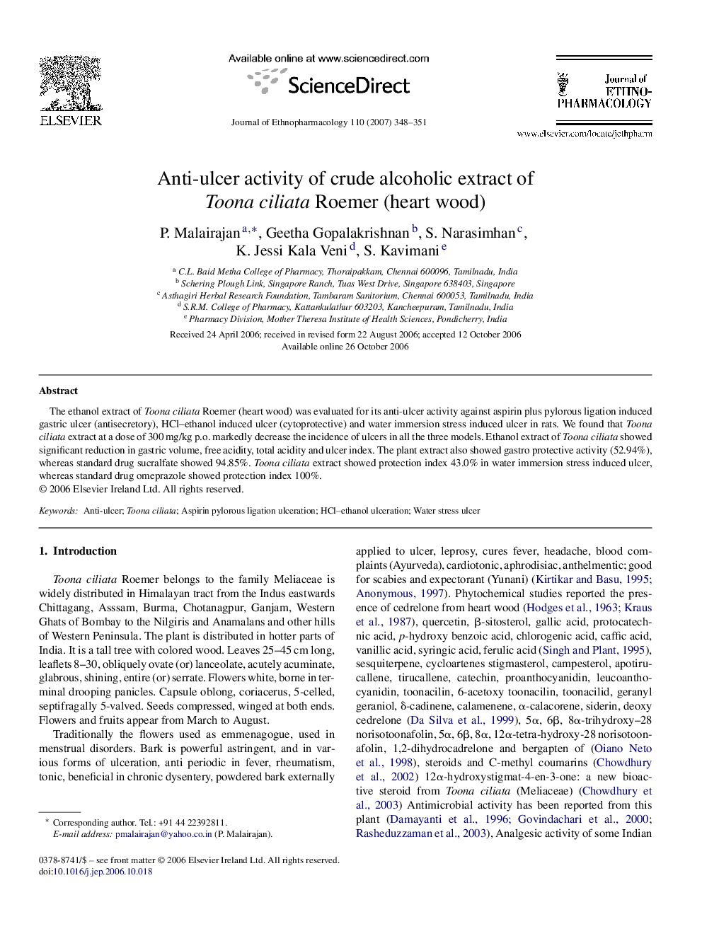 Anti-ulcer activity of crude alcoholic extract of Toona ciliata Roemer (heart wood)