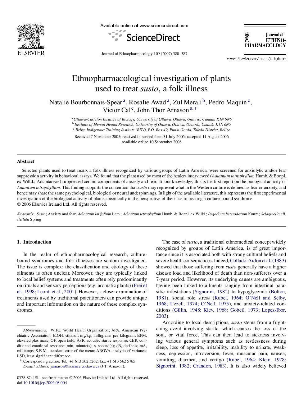 Ethnopharmacological investigation of plants used to treat susto, a folk illness