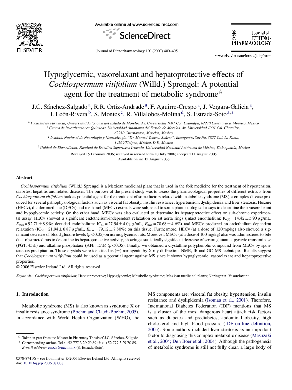 Hypoglycemic, vasorelaxant and hepatoprotective effects of Cochlospermum vitifolium (Willd.) Sprengel: A potential agent for the treatment of metabolic syndrome 