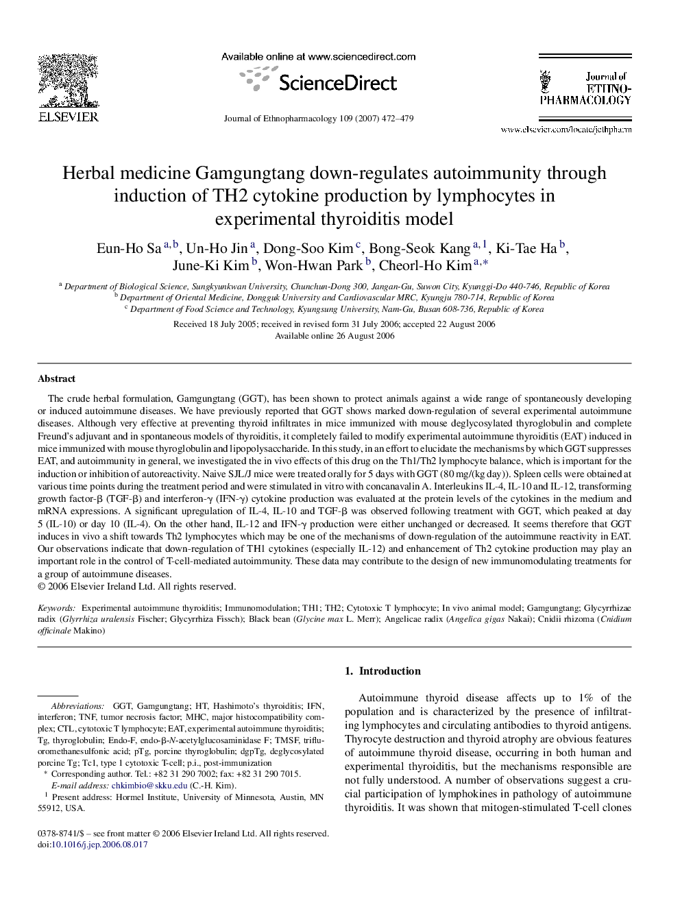 Herbal medicine Gamgungtang down-regulates autoimmunity through induction of TH2 cytokine production by lymphocytes in experimental thyroiditis model