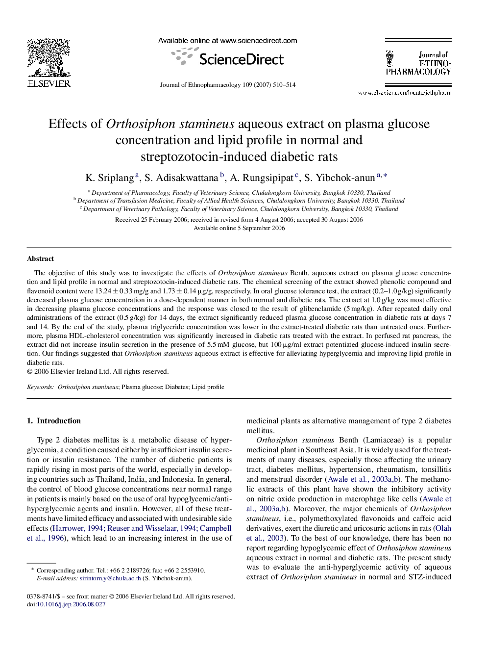 Effects of Orthosiphon stamineus aqueous extract on plasma glucose concentration and lipid profile in normal and streptozotocin-induced diabetic rats