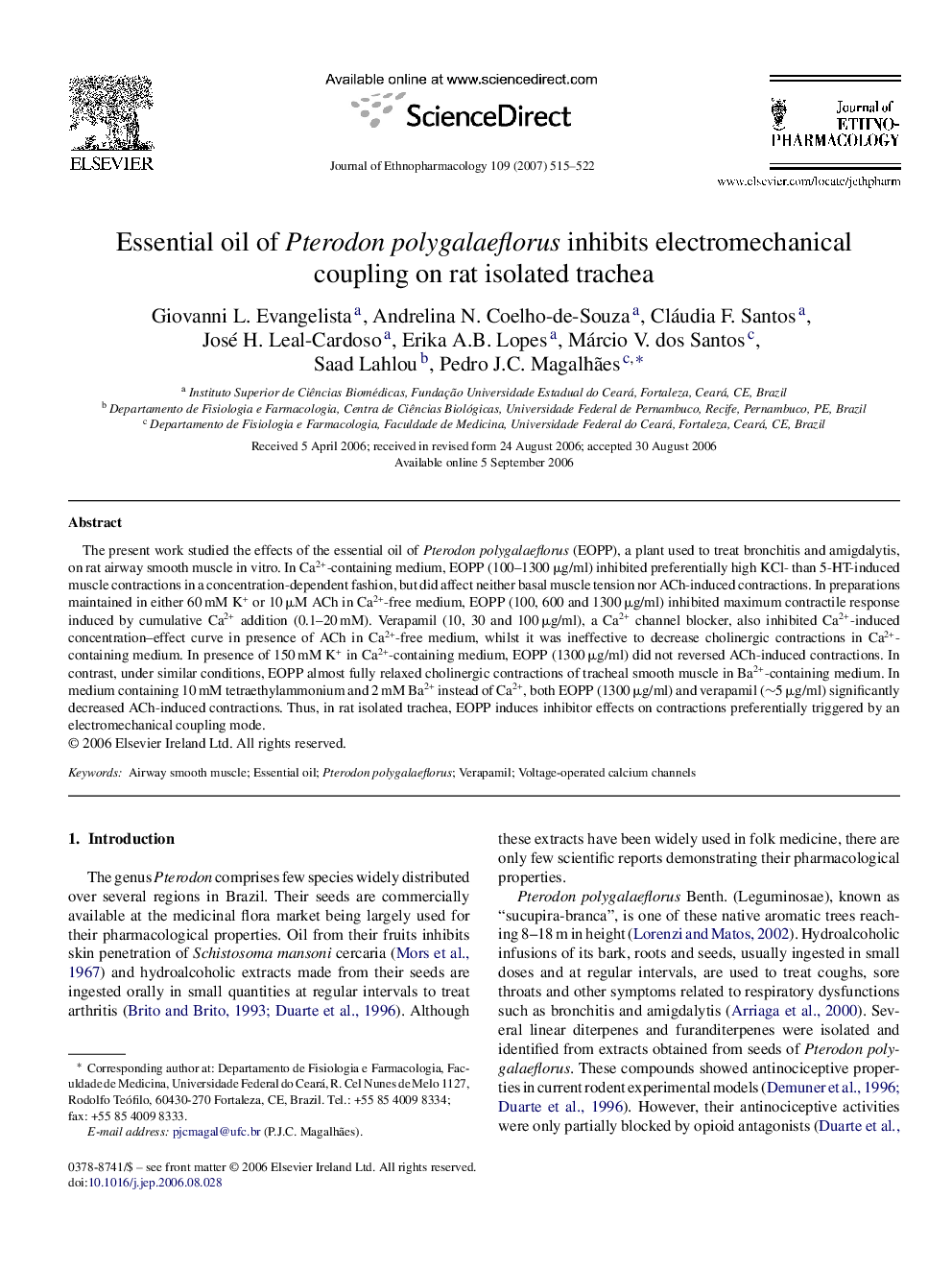 Essential oil of Pterodon polygalaeflorus inhibits electromechanical coupling on rat isolated trachea