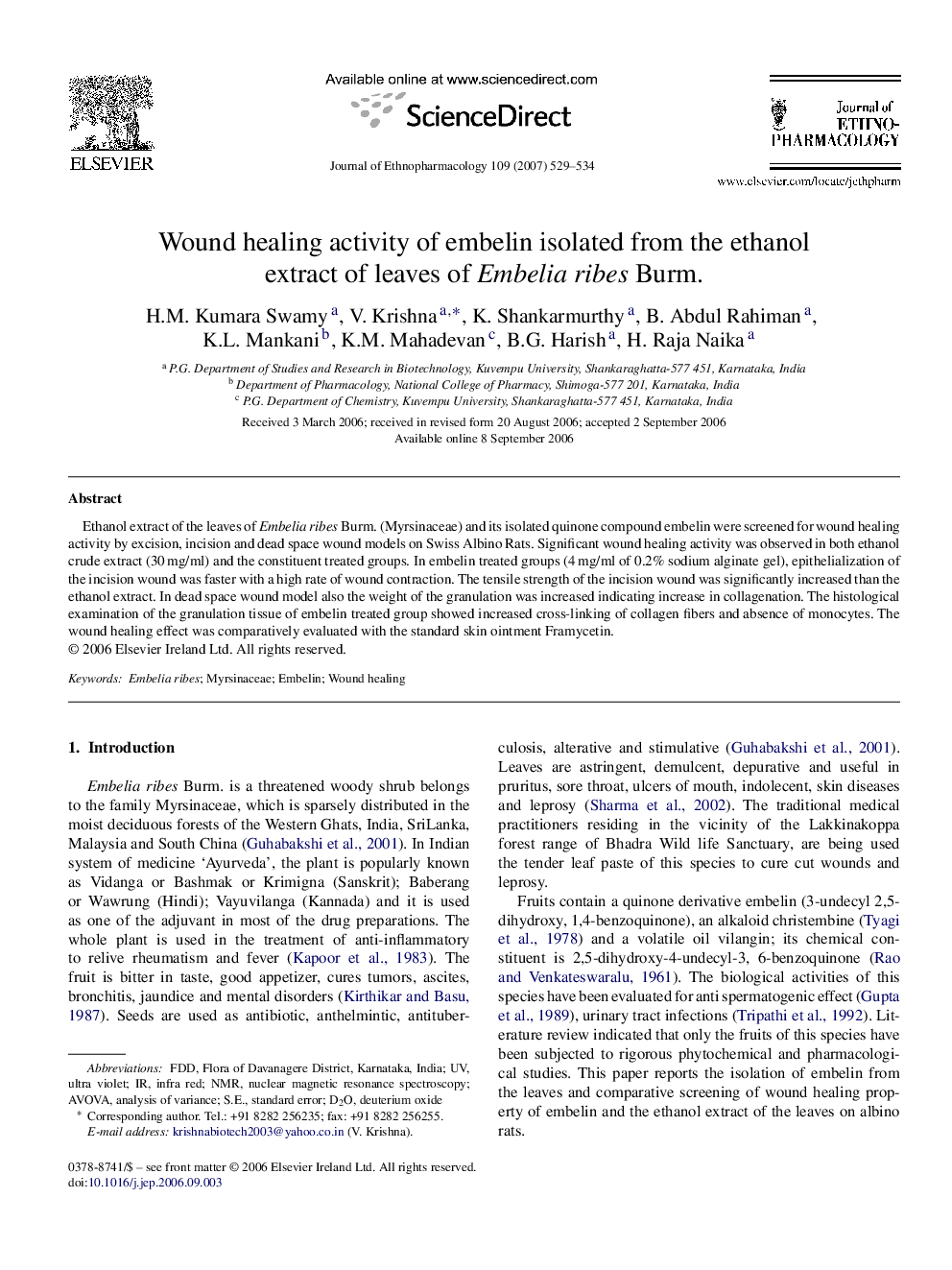 Wound healing activity of embelin isolated from the ethanol extract of leaves of Embelia ribes Burm.