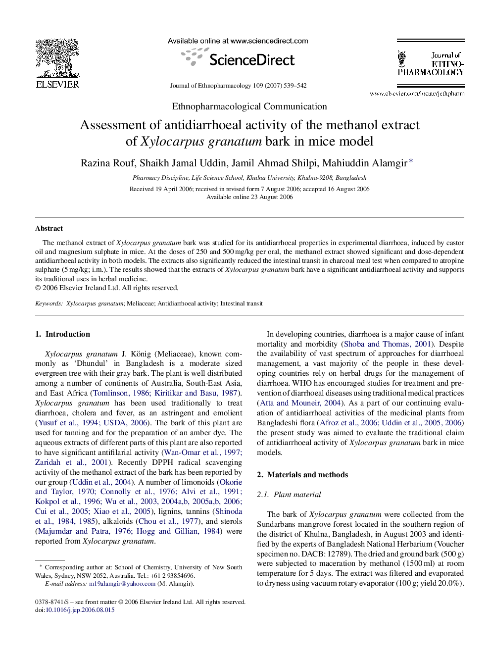 Assessment of antidiarrhoeal activity of the methanol extract of Xylocarpus granatum bark in mice model