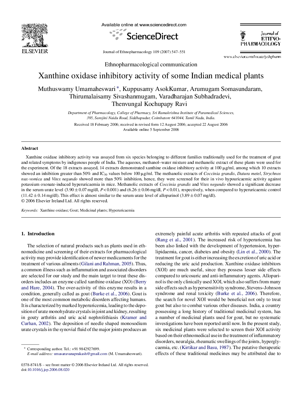 Xanthine oxidase inhibitory activity of some Indian medical plants