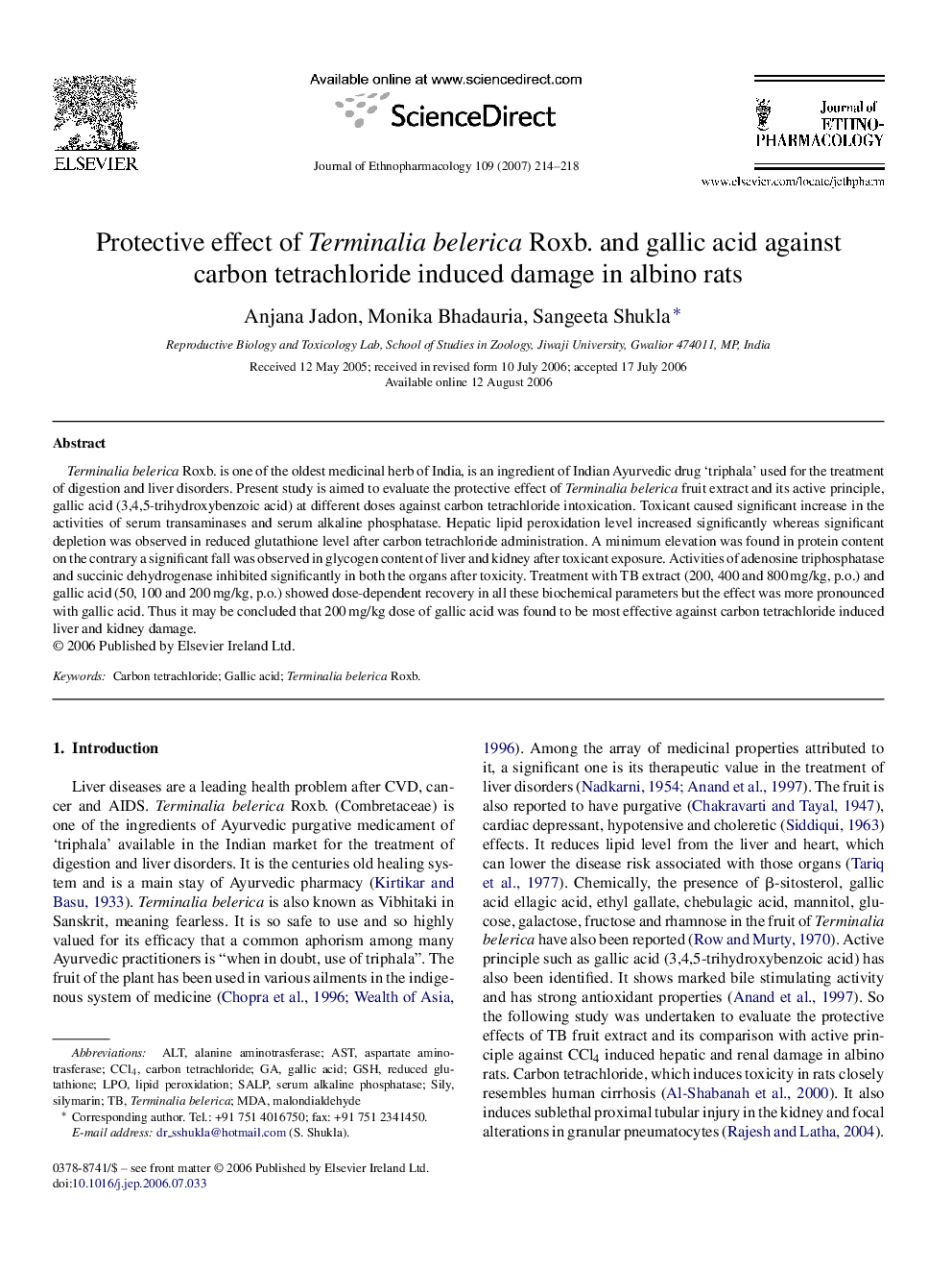 Protective effect of Terminalia belerica Roxb. and gallic acid against carbon tetrachloride induced damage in albino rats