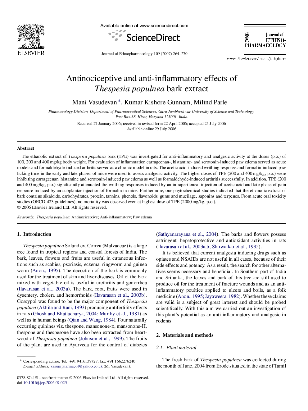 Antinociceptive and anti-inflammatory effects of Thespesia populnea bark extract