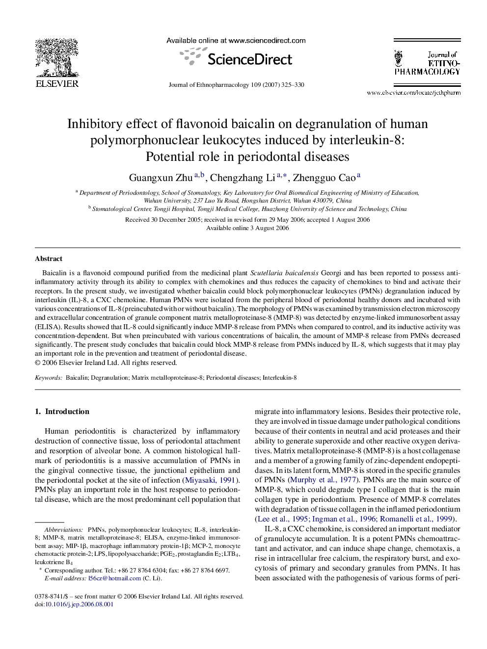 Inhibitory effect of flavonoid baicalin on degranulation of human polymorphonuclear leukocytes induced by interleukin-8: Potential role in periodontal diseases