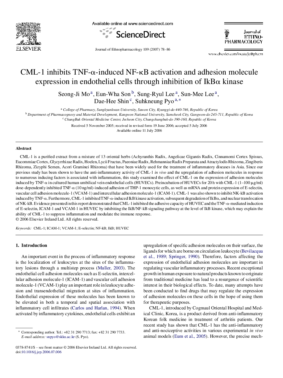 CML-1 inhibits TNF-α-induced NF-κB activation and adhesion molecule expression in endothelial cells through inhibition of IkBα kinase