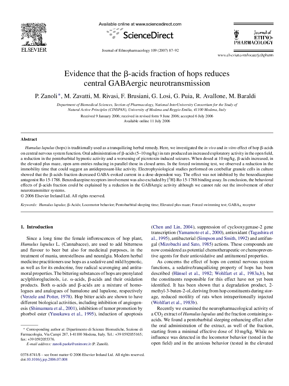 Evidence that the β-acids fraction of hops reduces central GABAergic neurotransmission