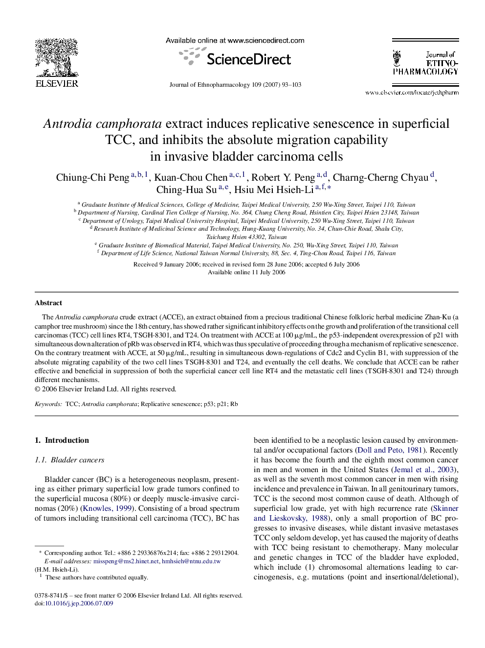 Antrodia camphorata extract induces replicative senescence in superficial TCC, and inhibits the absolute migration capability in invasive bladder carcinoma cells