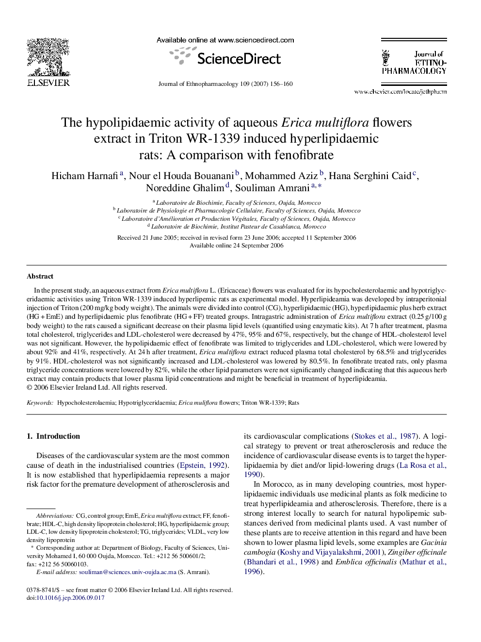 The hypolipidaemic activity of aqueous Erica multiflora flowers extract in Triton WR-1339 induced hyperlipidaemic rats: A comparison with fenofibrate