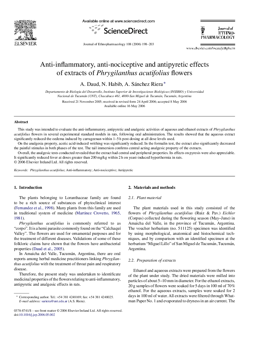 Anti-inflammatory, anti-nociceptive and antipyretic effects of extracts of Phrygilanthus acutifolius flowers