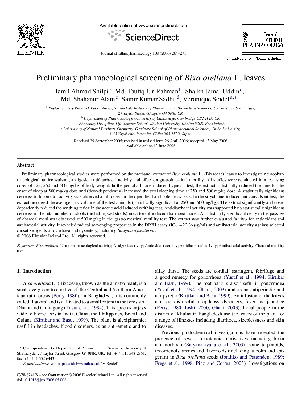 Preliminary pharmacological screening of Bixa orellana L. leaves