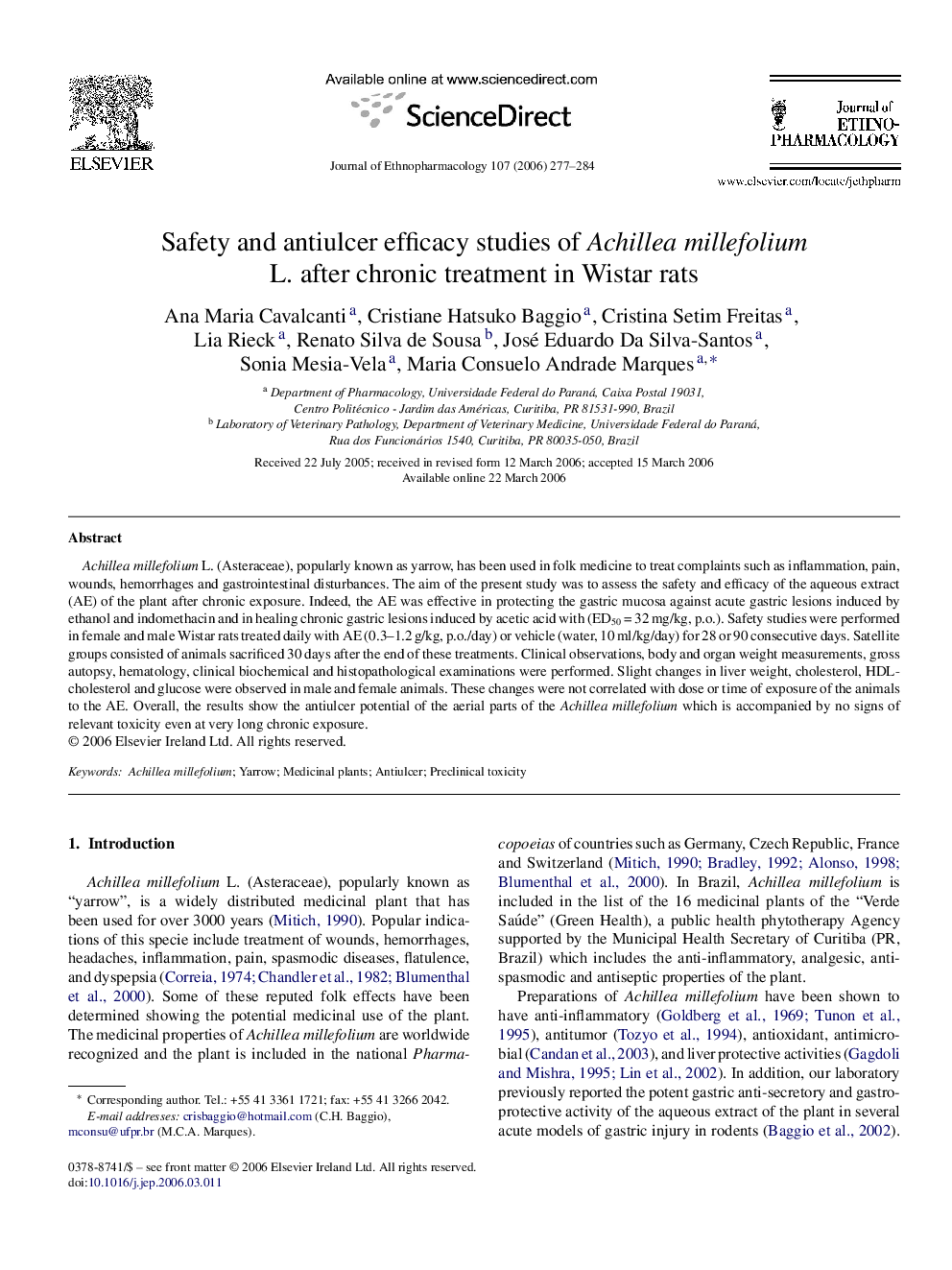 Safety and antiulcer efficacy studies of Achillea millefolium L. after chronic treatment in Wistar rats