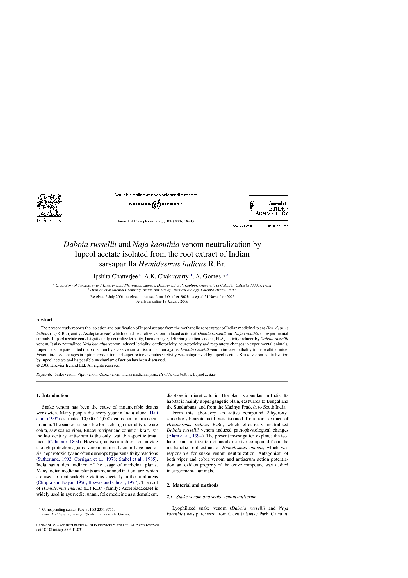 Daboia russellii and Naja kaouthia venom neutralization by lupeol acetate isolated from the root extract of Indian sarsaparilla Hemidesmus indicus R.Br.