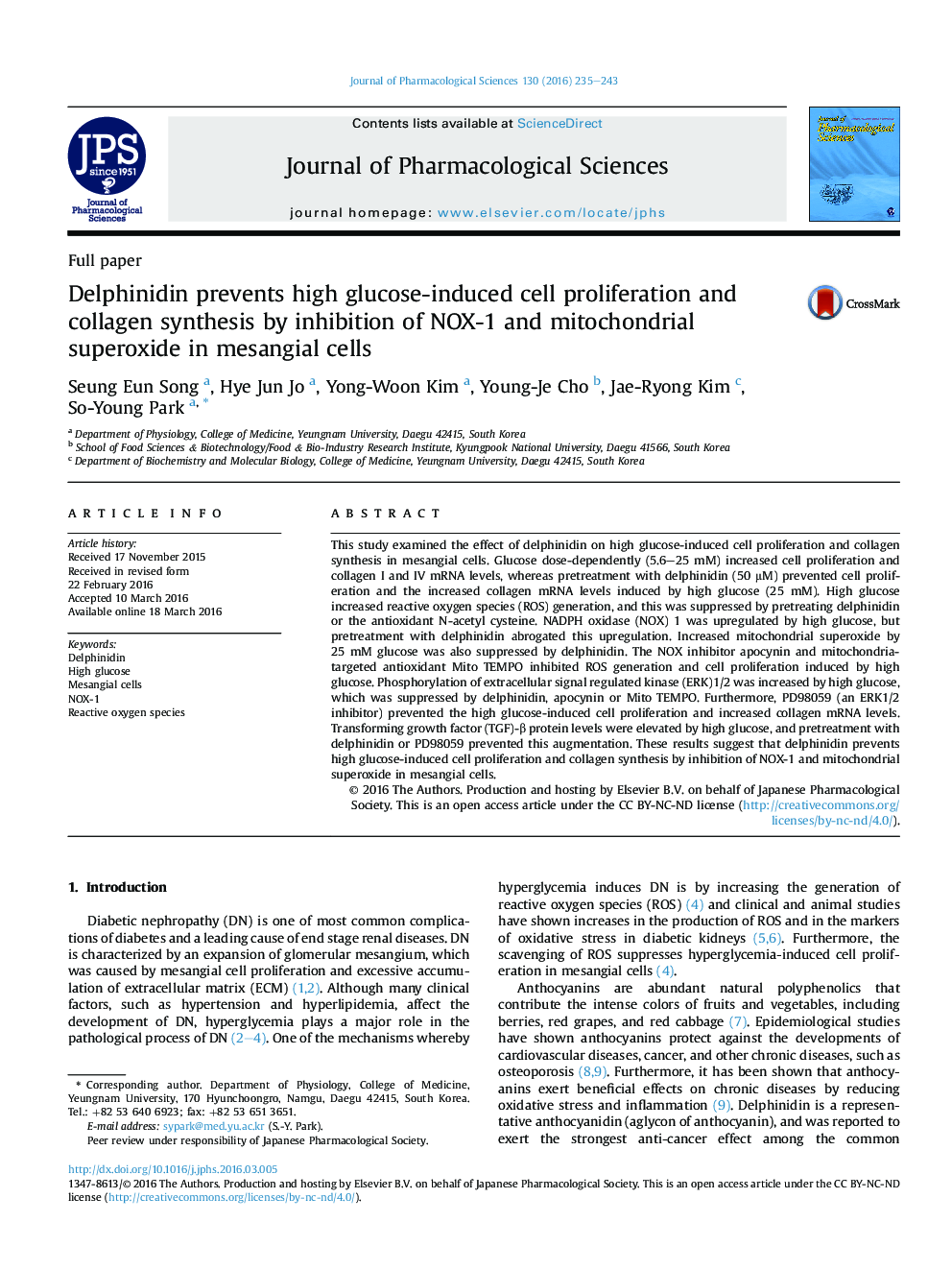 Delphinidin prevents high glucose-induced cell proliferation and collagen synthesis by inhibition of NOX-1 and mitochondrial superoxide in mesangial cells 