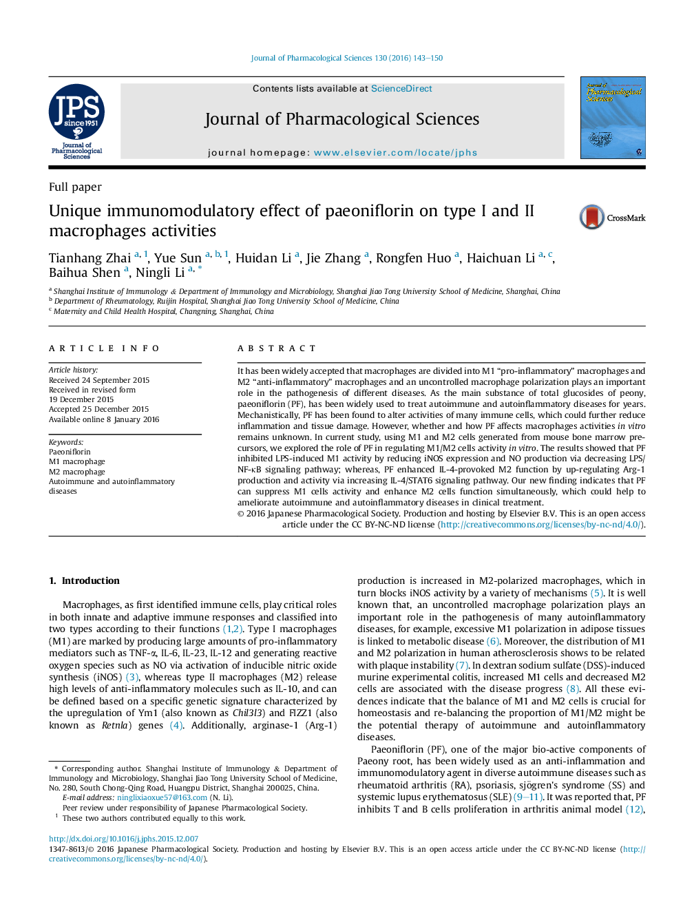 Unique immunomodulatory effect of paeoniflorin on type I and II macrophages activities 