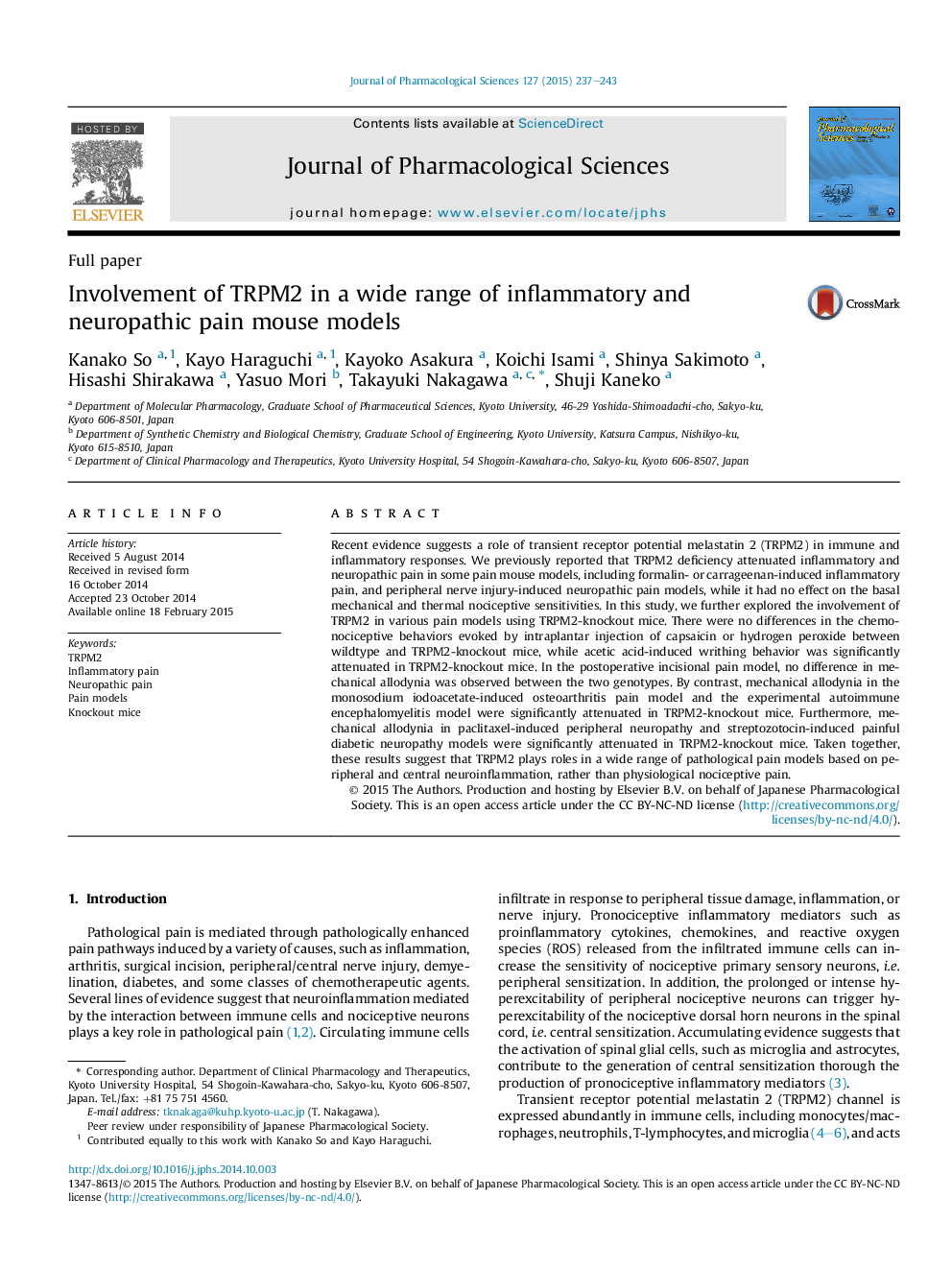 عکس صفحه اول مقاله: Involvement of TRPM2 in a wide range of inflammatory and neuropathic pain mouse models Involvement of TRPM2 in a wide range of inflammatory and neuropathic pain mouse models