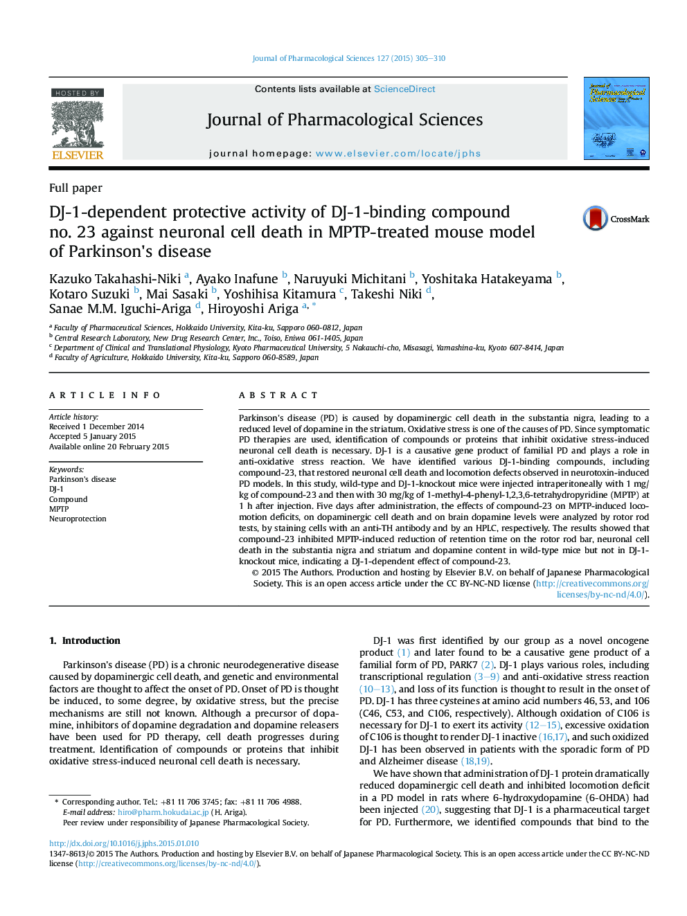 DJ-1-dependent protective activity of DJ-1-binding compound no. 23 against neuronal cell death in MPTP-treated mouse model of Parkinson's disease 