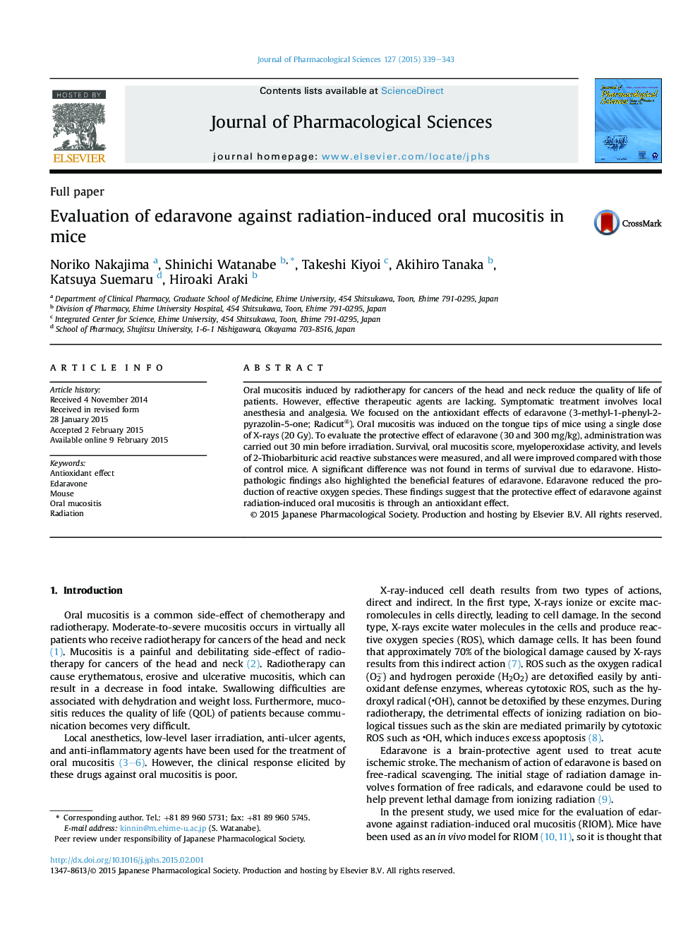Evaluation of edaravone against radiation-induced oral mucositis in mice 