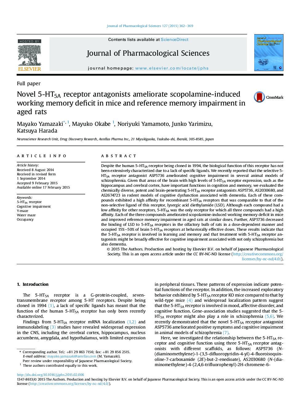 Novel 5-HT5A receptor antagonists ameliorate scopolamine-induced working memory deficit in mice and reference memory impairment in aged rats 