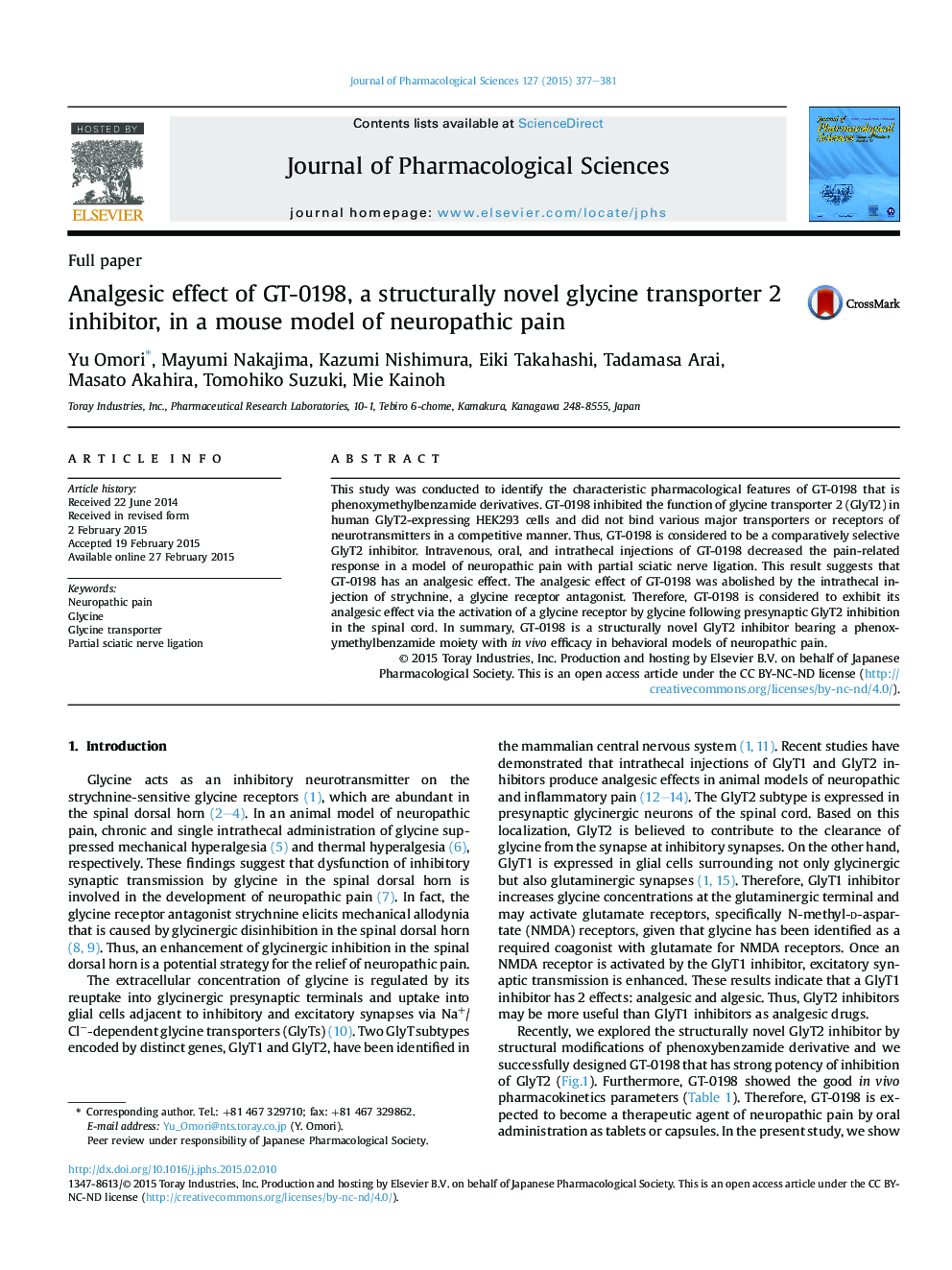 Analgesic effect of GT-0198, a structurally novel glycine transporter 2 inhibitor, in a mouse model of neuropathic pain 