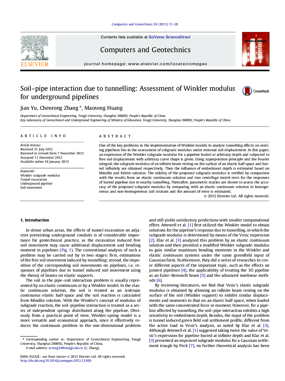 Soil–pipe interaction due to tunnelling: Assessment of Winkler modulus for underground pipelines