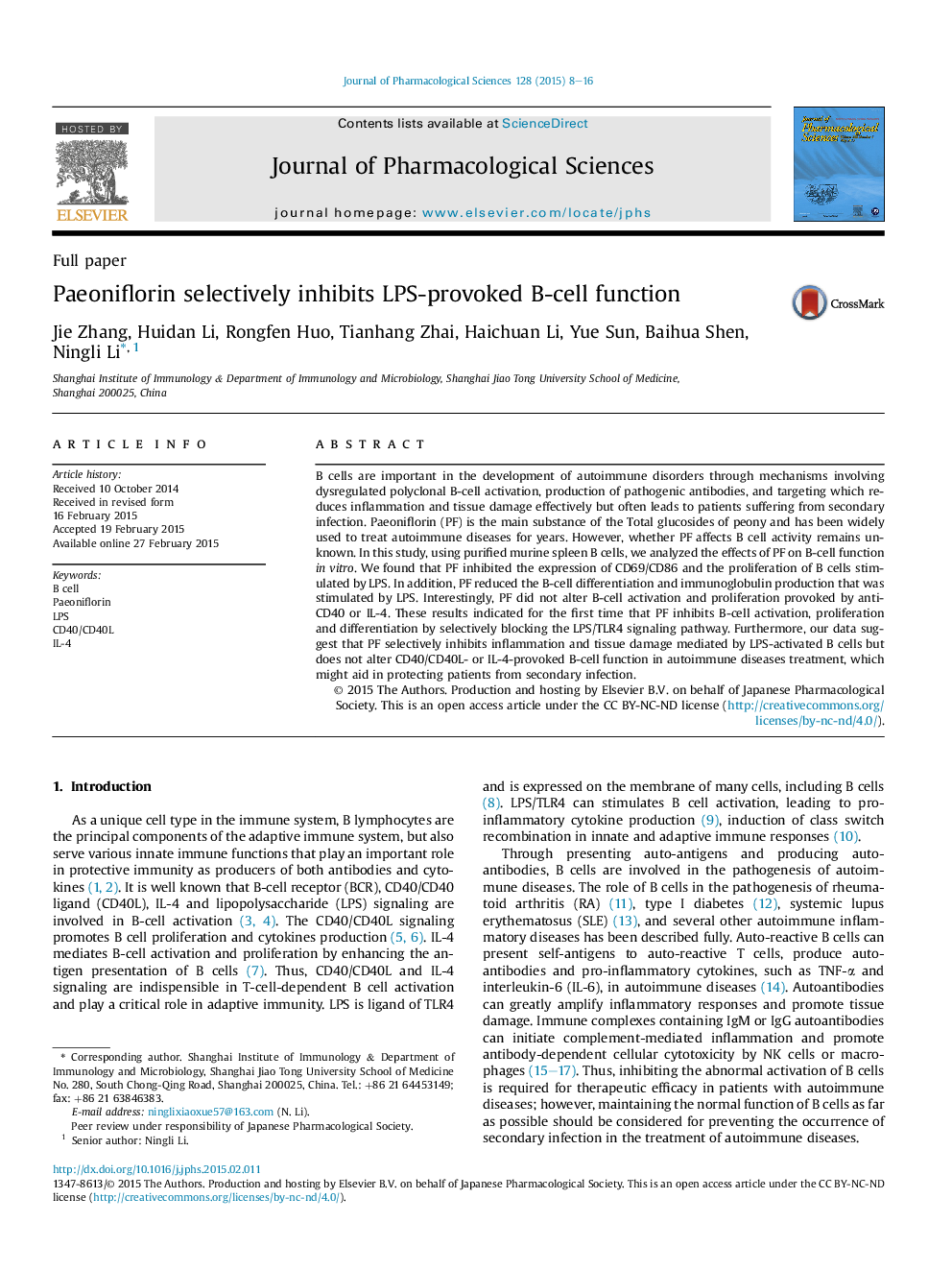 Paeoniflorin selectively inhibits LPS-provoked B-cell function 